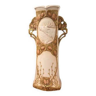 Art Nouveau vase Royal Dux Bohemia, sculpted deer, 1900s