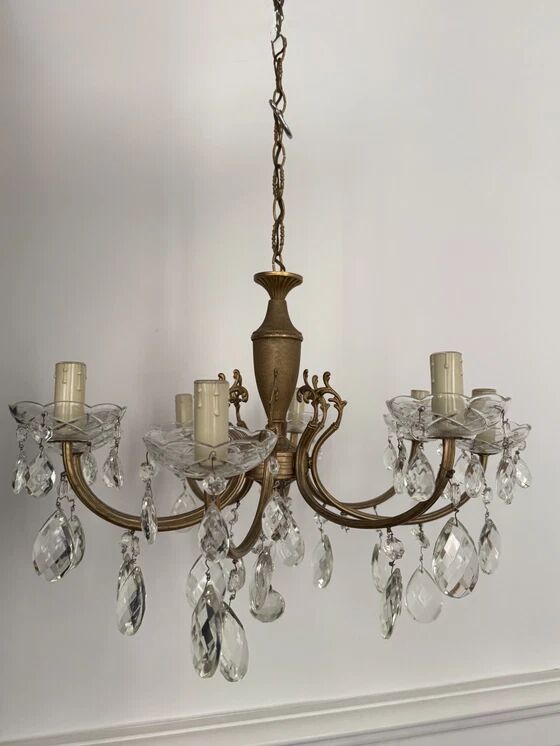 Brass chandelier with crystal drops