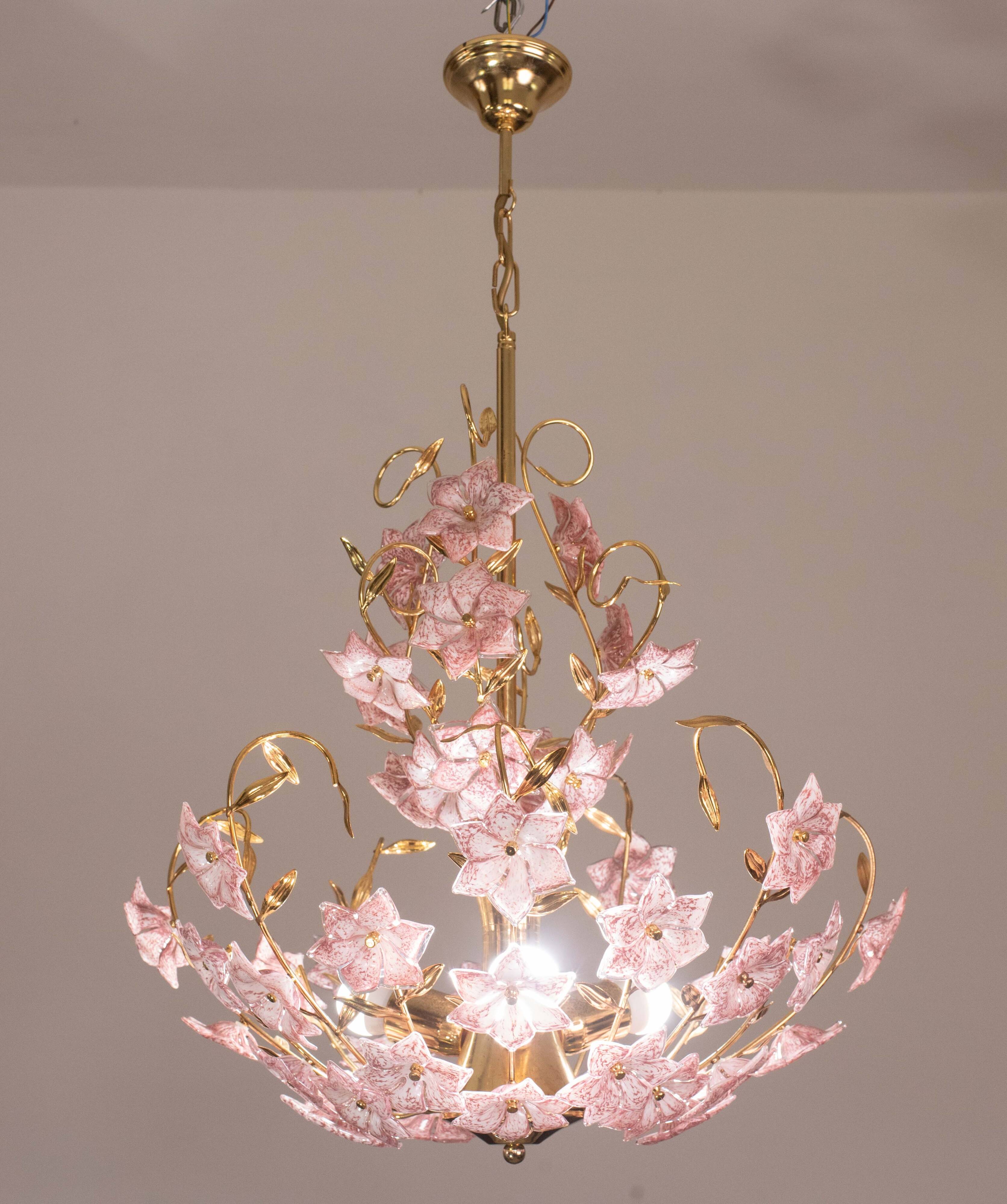 Vintage Murano Glass Chandelier Pink Flowers, 1970