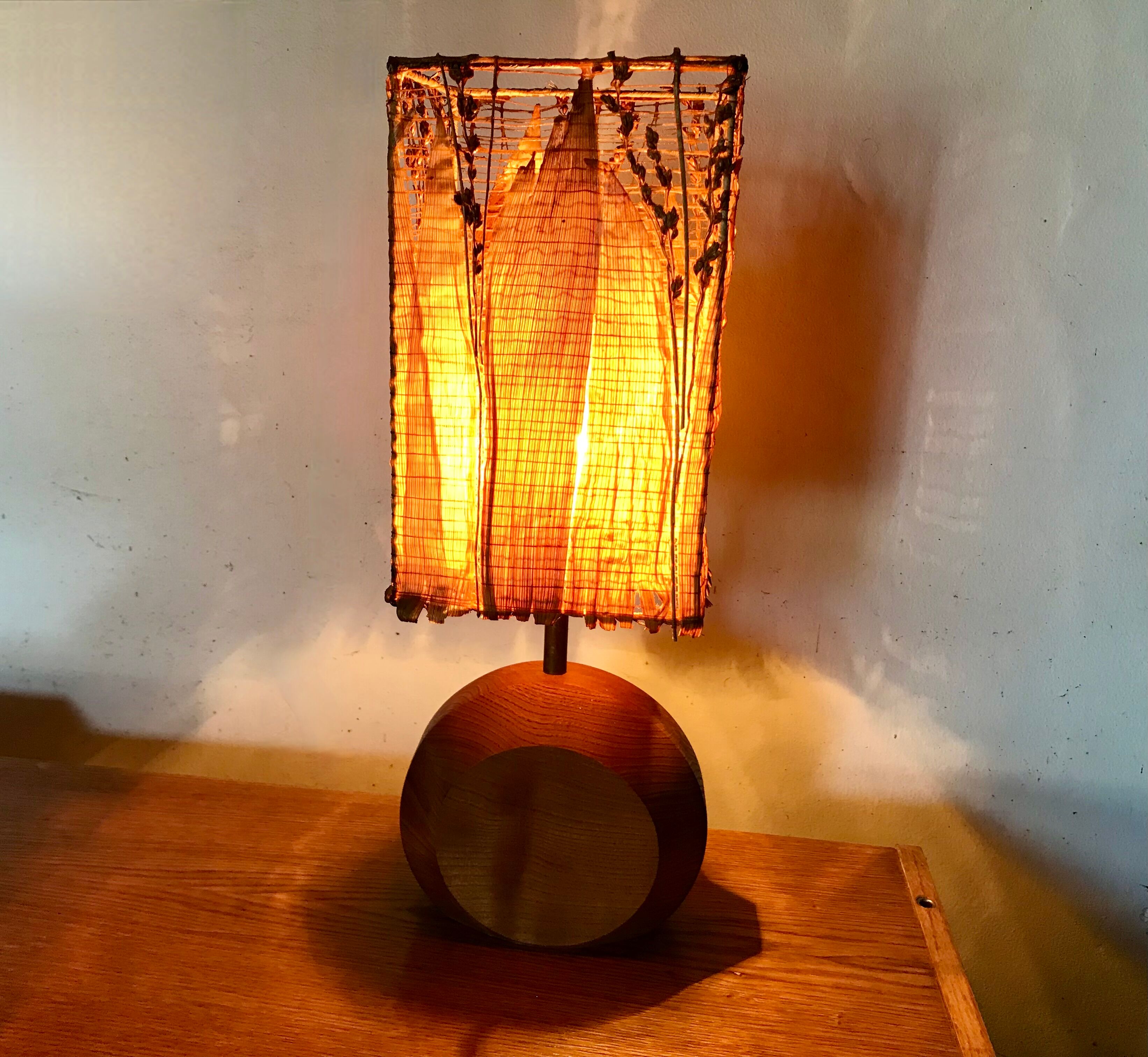 Teak lamp and corn leaf lampshade, circa 1980