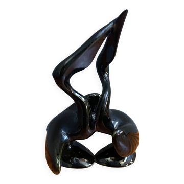Figurine en céramique noire de 2 pélicans par Miroslav Smutny 1960