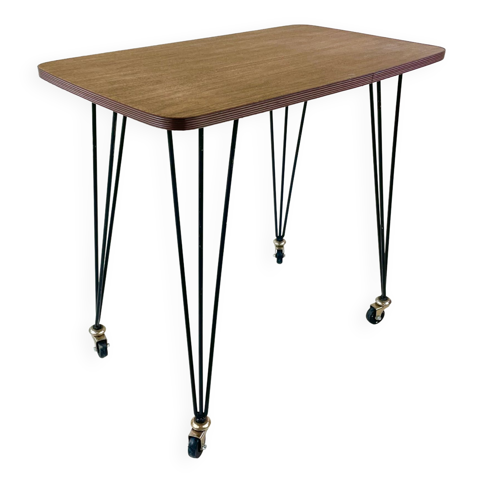 Table on wheels, laminate top and metal Eiffel legs, circa 1950