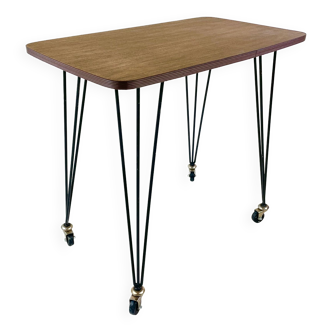 Table on wheels, laminate top and metal Eiffel legs, circa 1950