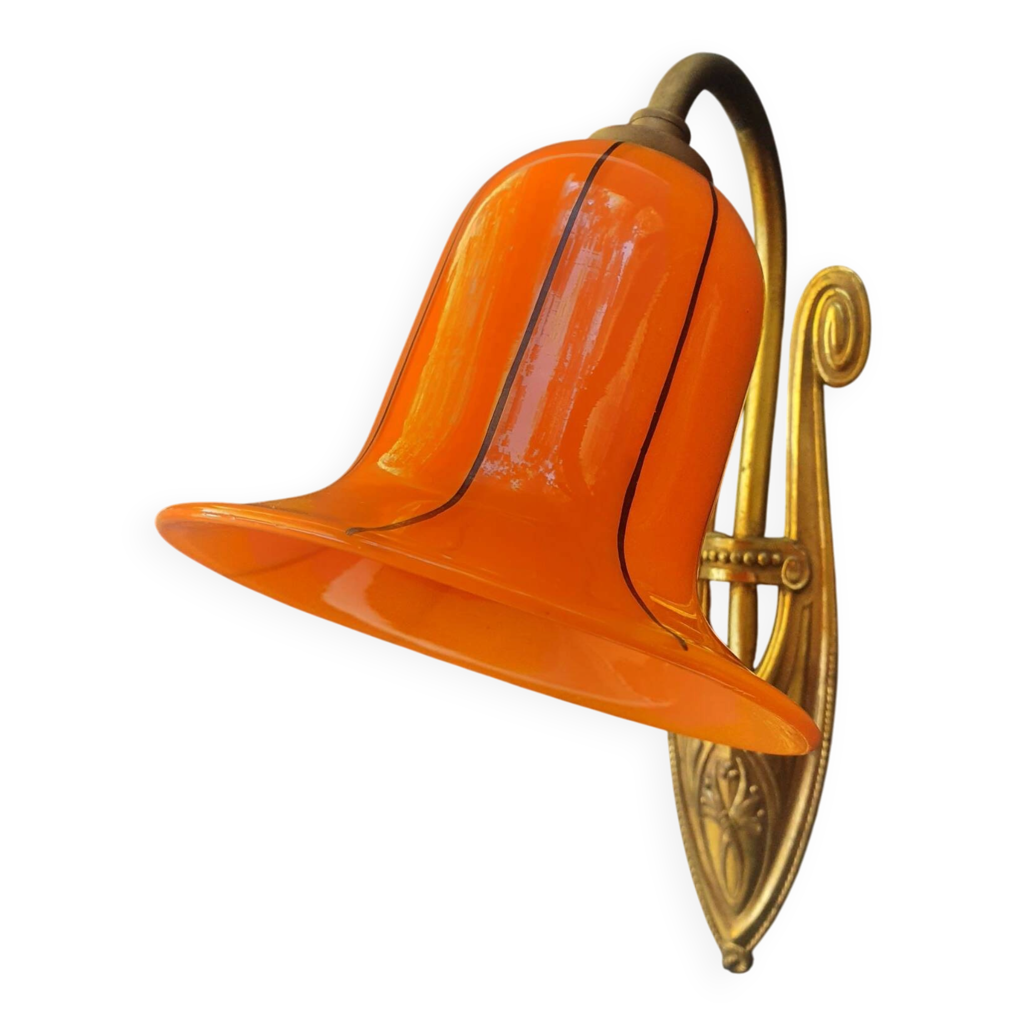 Art Deco wall light in brass with an orange globe.