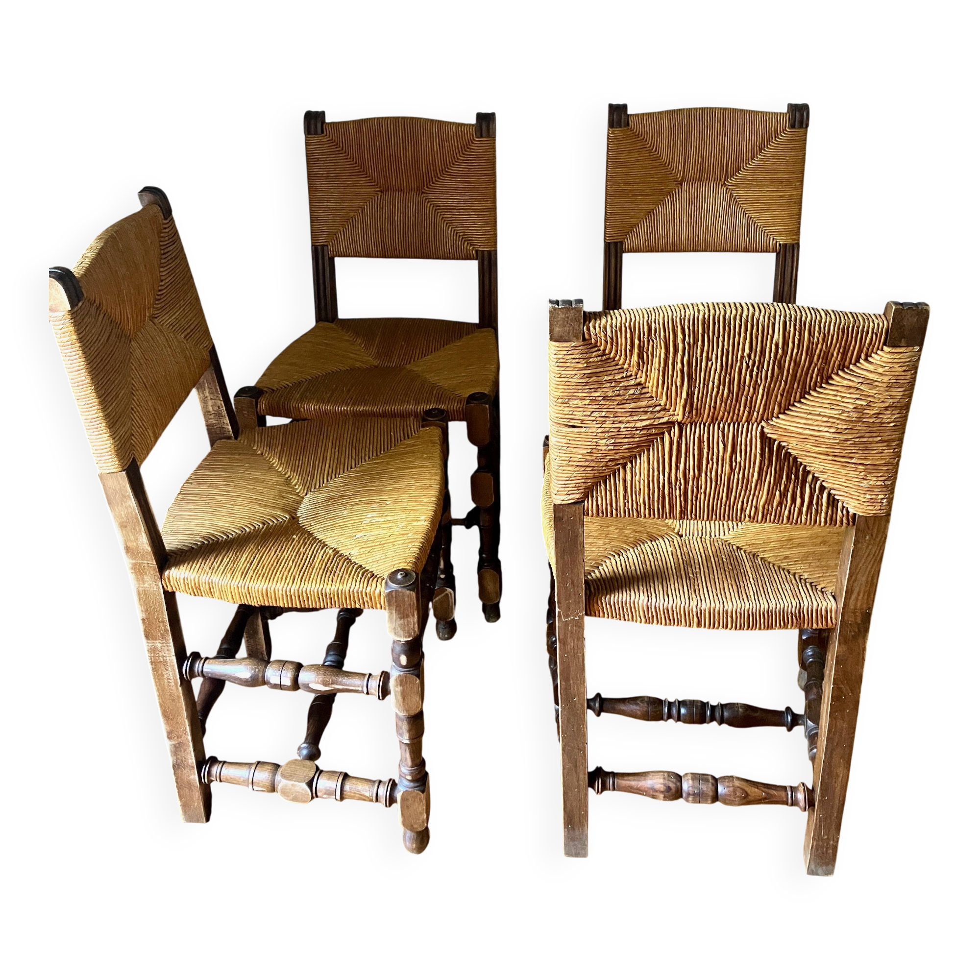 Lot de 4 Chaises en jonc et Bois