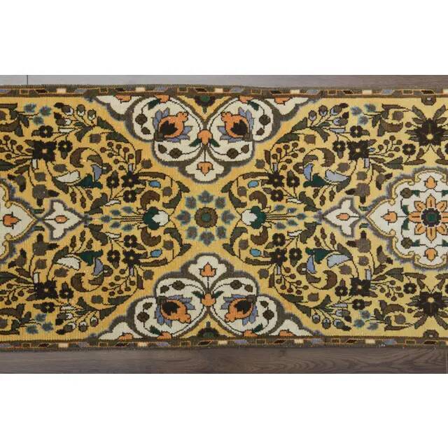 Tapis couloir vintage turc Oushak fait main en laine et coton jaune 59x378