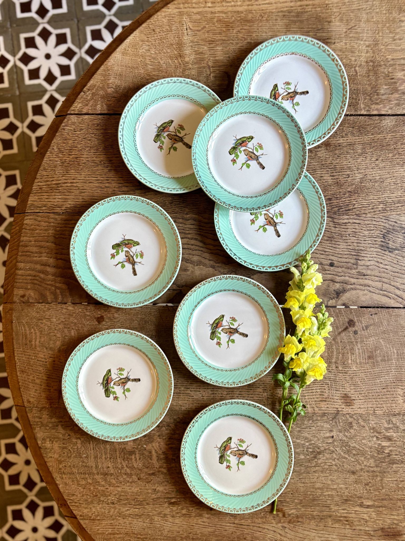 Lot de 8 assiettes à dessert vintage décors d'oiseaux
