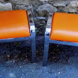 Pair of chrome and faux orange vintage stools "70"
