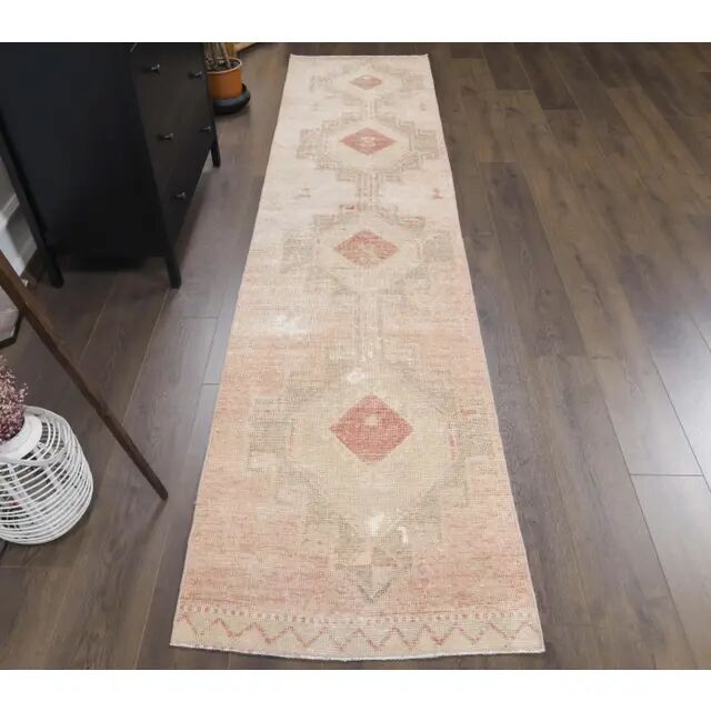 Vintage Turkish Hand-Knotted Beige Peach Runner Rug 89x330