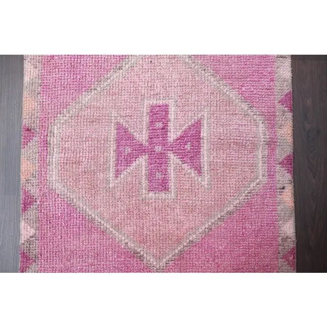 Vintage Turkish Hand-Knotted Wool Cotton Pink Runner Rug 96x365