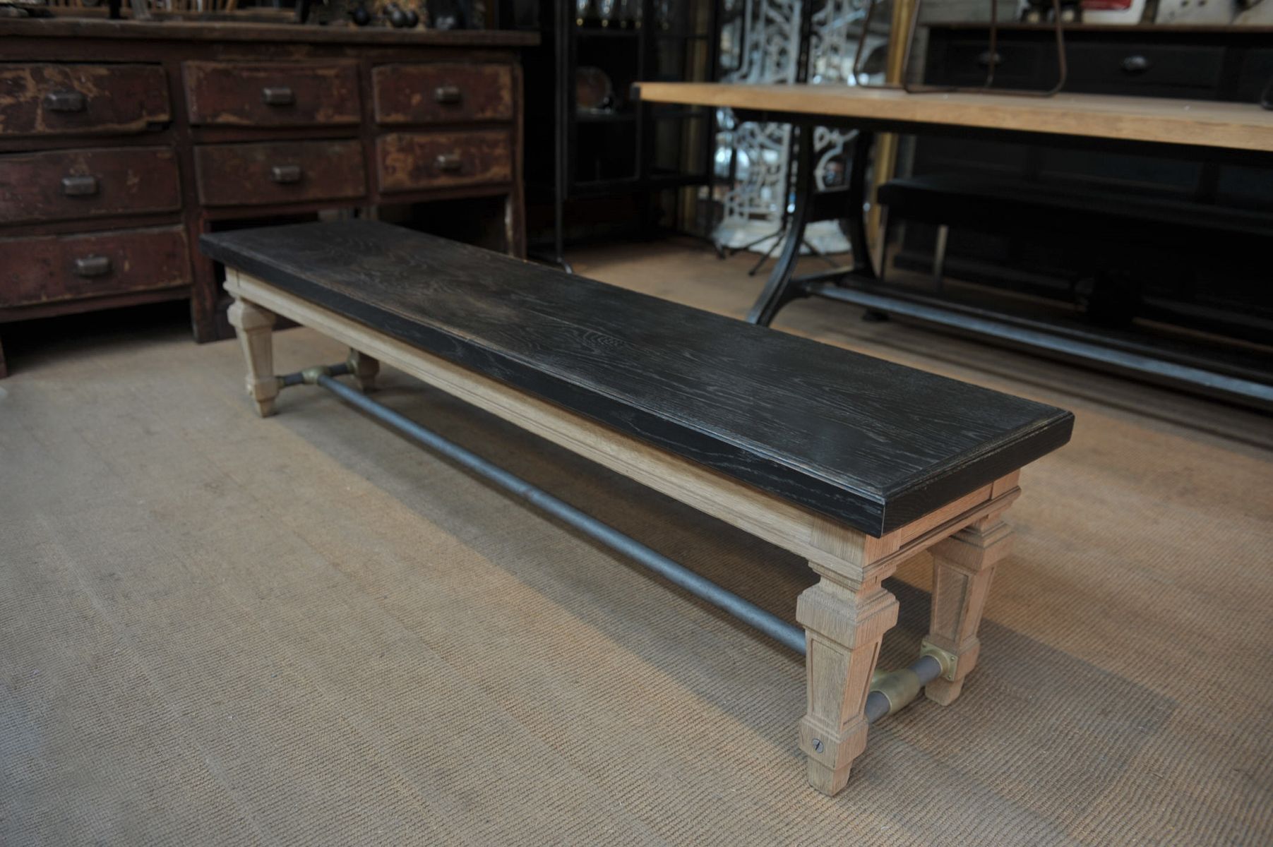 Ancient bench in solid oak and french bank brass