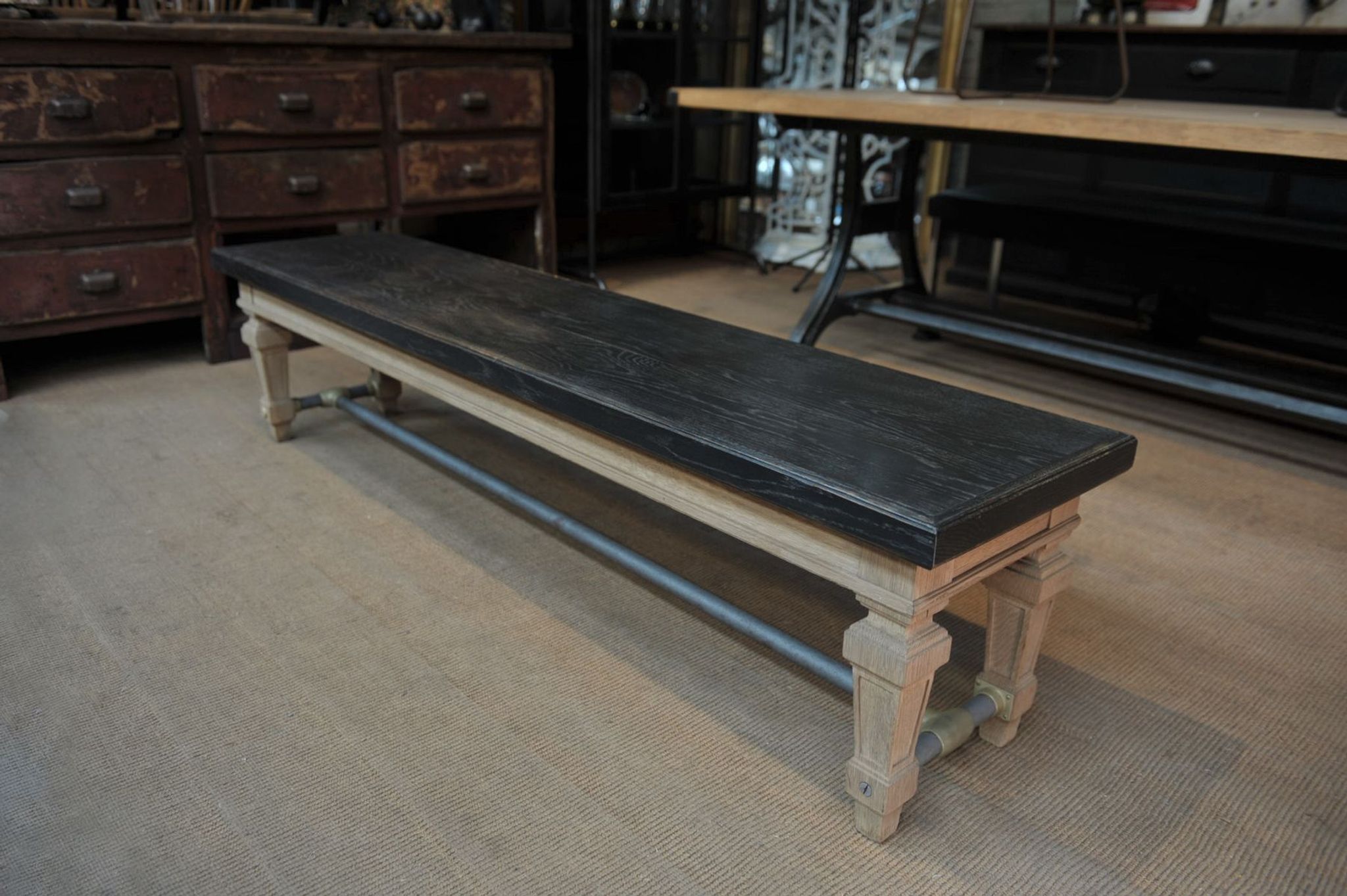 Ancient bench in solid oak and french bank brass