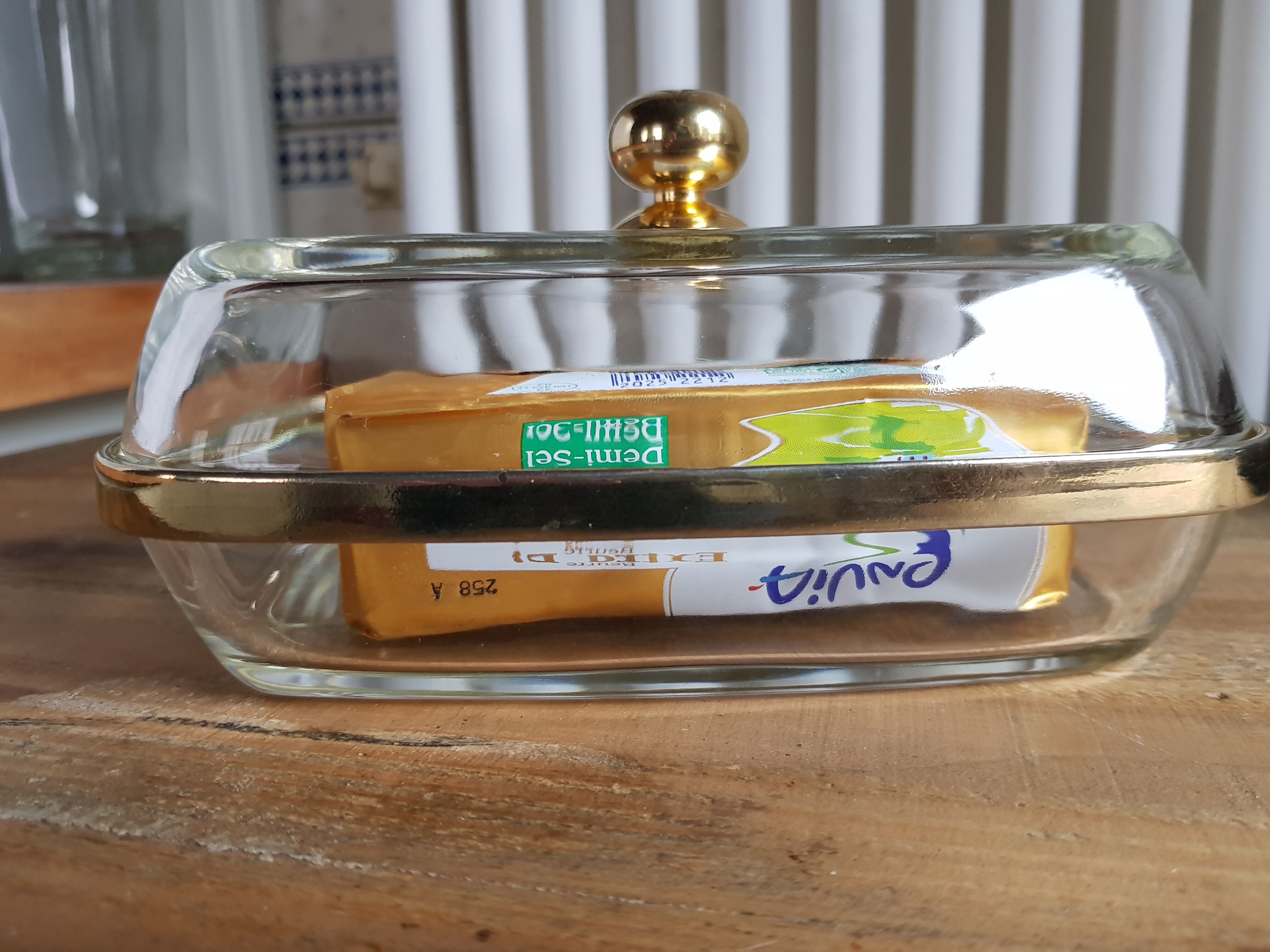 Gold glass butter dish