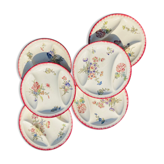 Set of 6 compartmentalized plates Longwy hand painted
