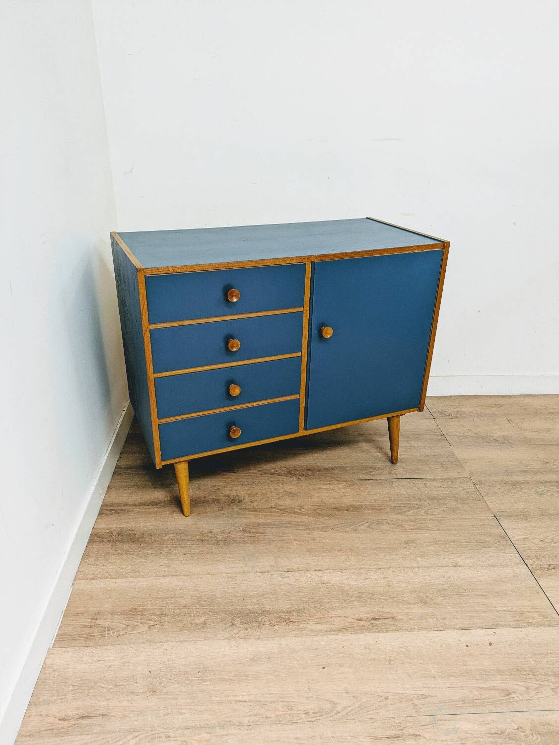 Vintage wooden and blue chest of drawers