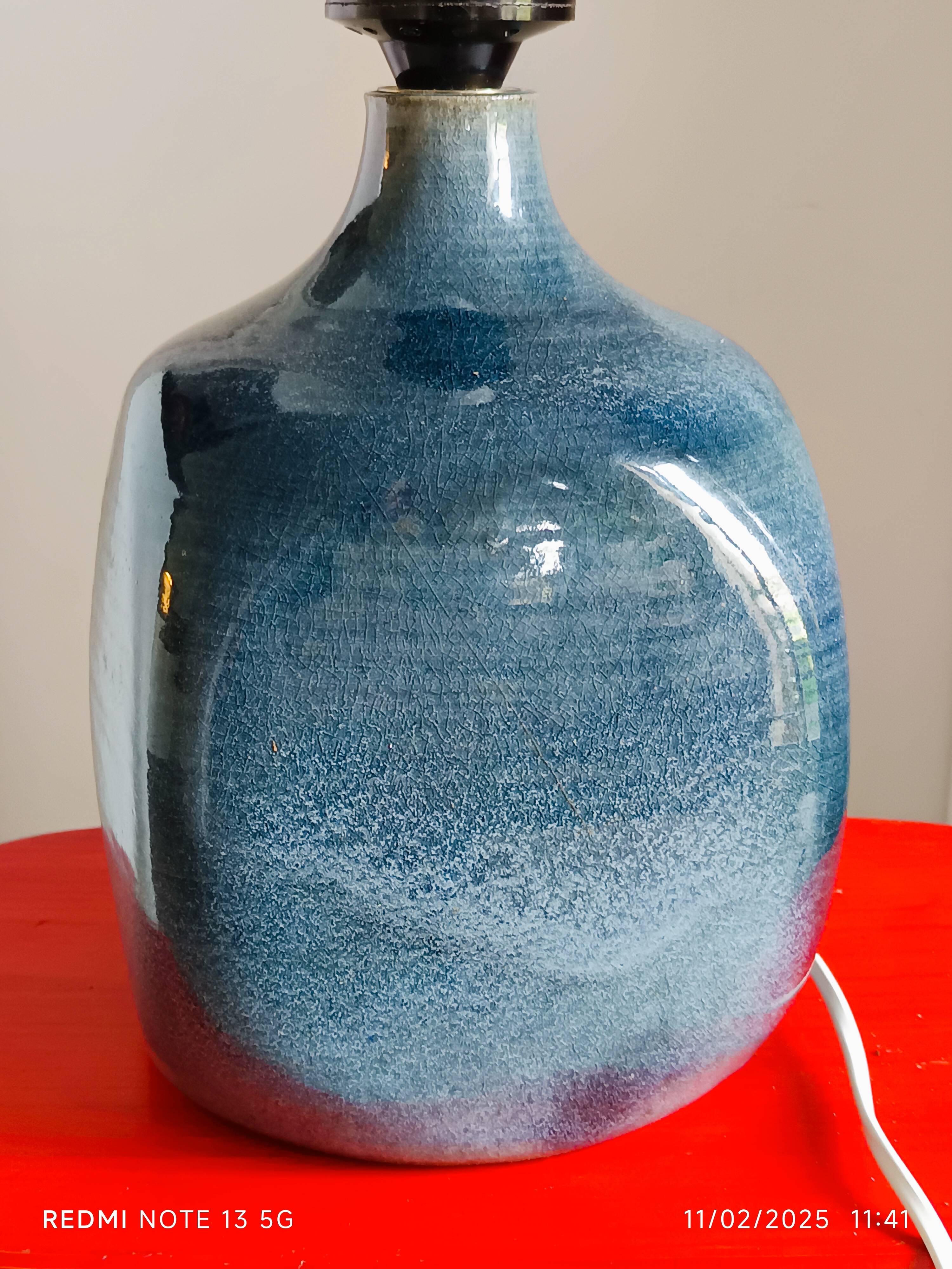 handmade lamp base glazed stoneware 70s blue