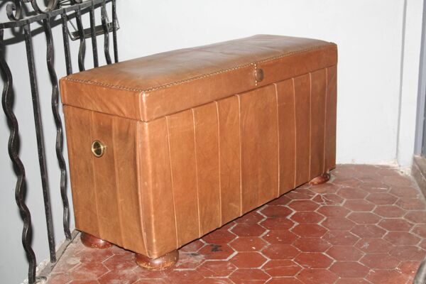 Malle, banc coffre en cuir marron