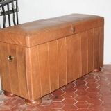 Malle, banc coffre en cuir marron