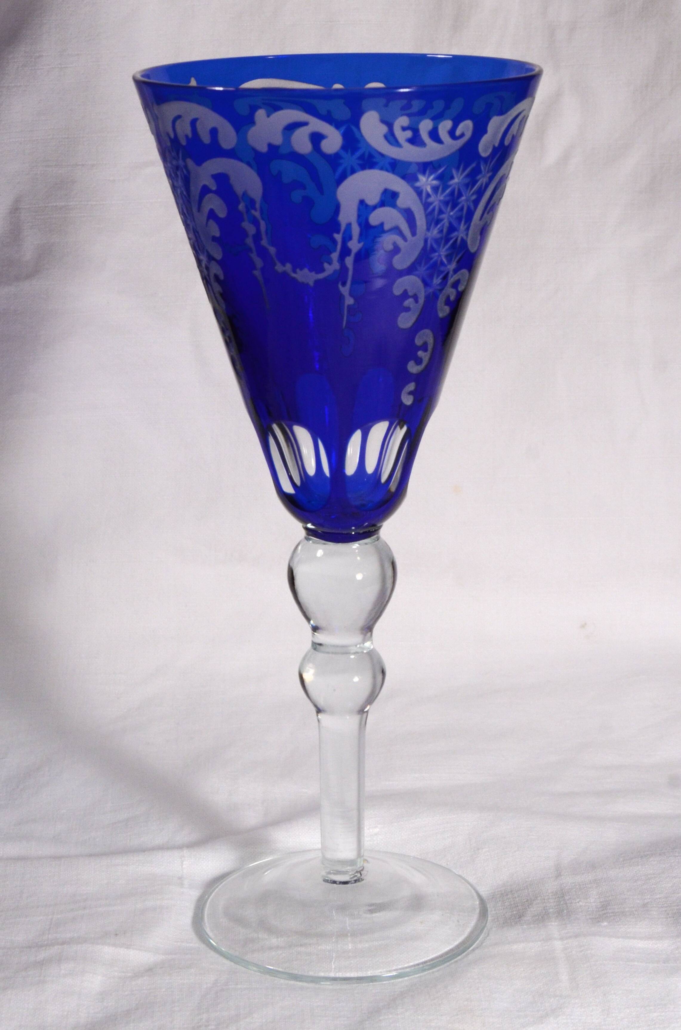 Cobalt blue patterned stem glass and frosted glass, 10x24cm