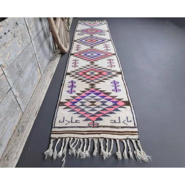 1970s Natural White Geometric Turkish Hand-Knotted Runner 80x365