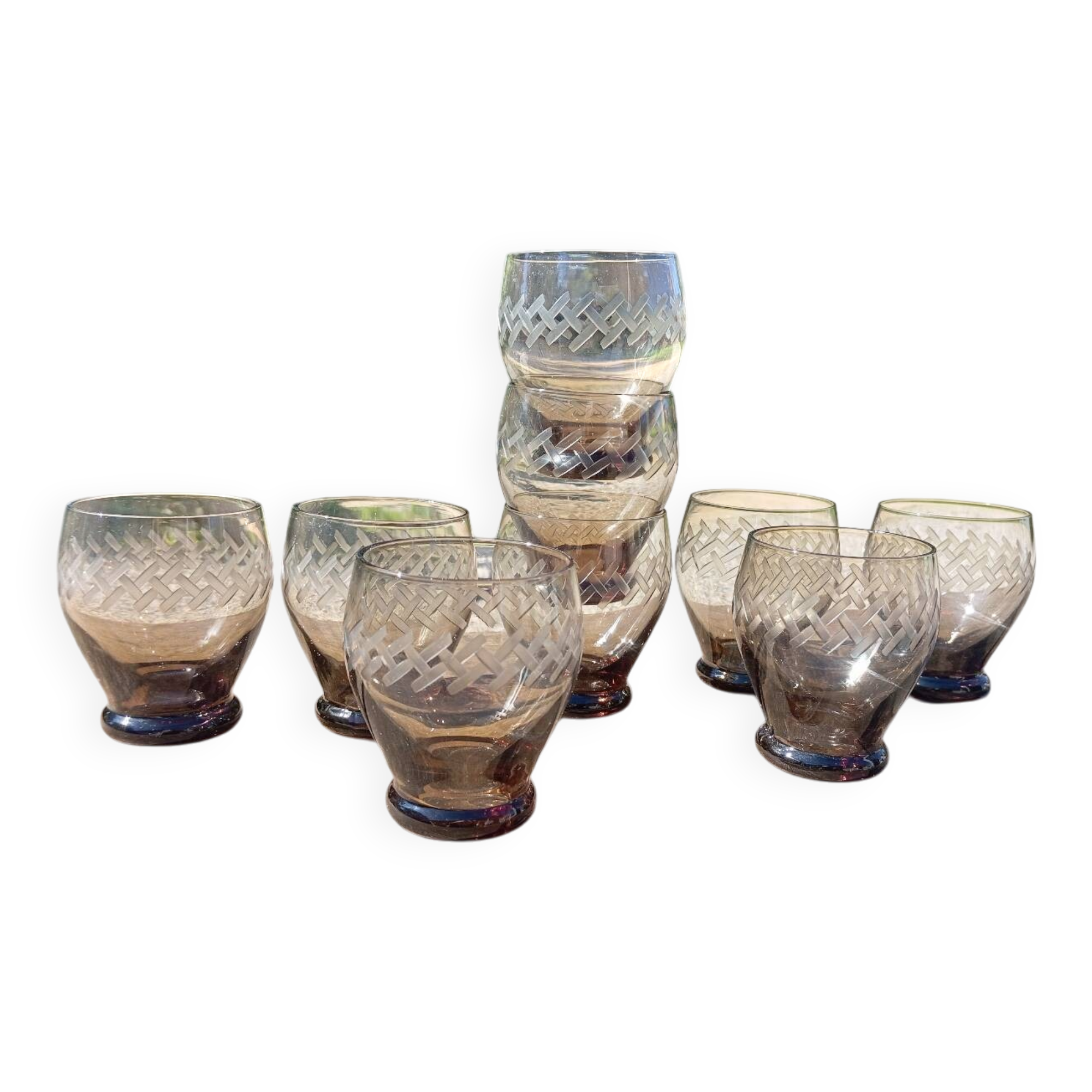 Set of 9 digestive glasses, smoked glass cut in art deco style
