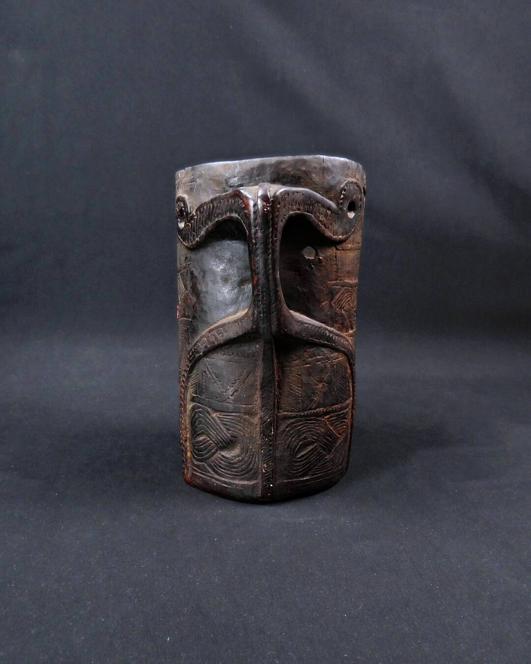 Nepalese milk jug in brown patina wood, Sherpa folk craft, 20th century