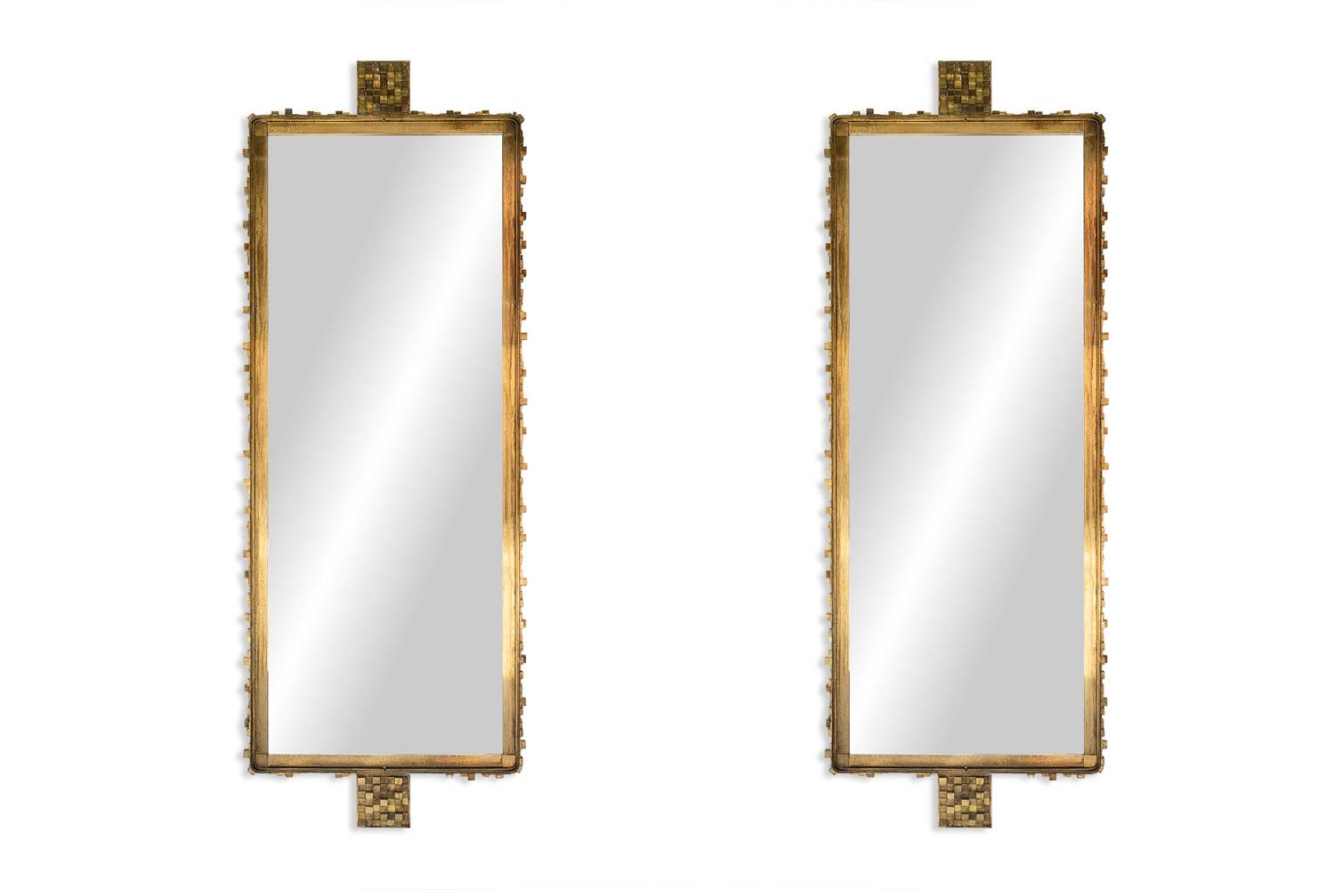 Pair of large mirrors in gilded and patinated brass. Contemporary.
