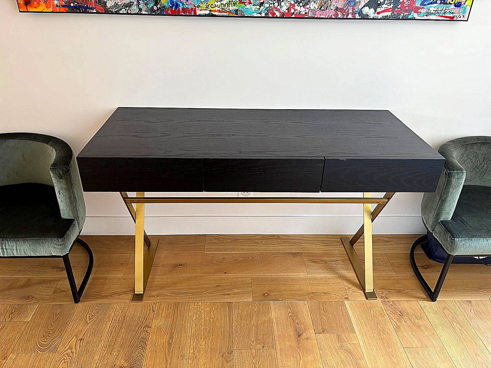 Console desk NV Gallery black wood and brass, 3 drawers.