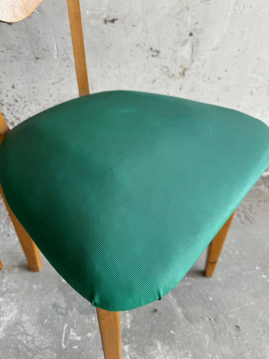 Set of 6 René-Jean Caillette Heart-Shaped Chairs, Bent Wood with Green & Burgundy Upholstery