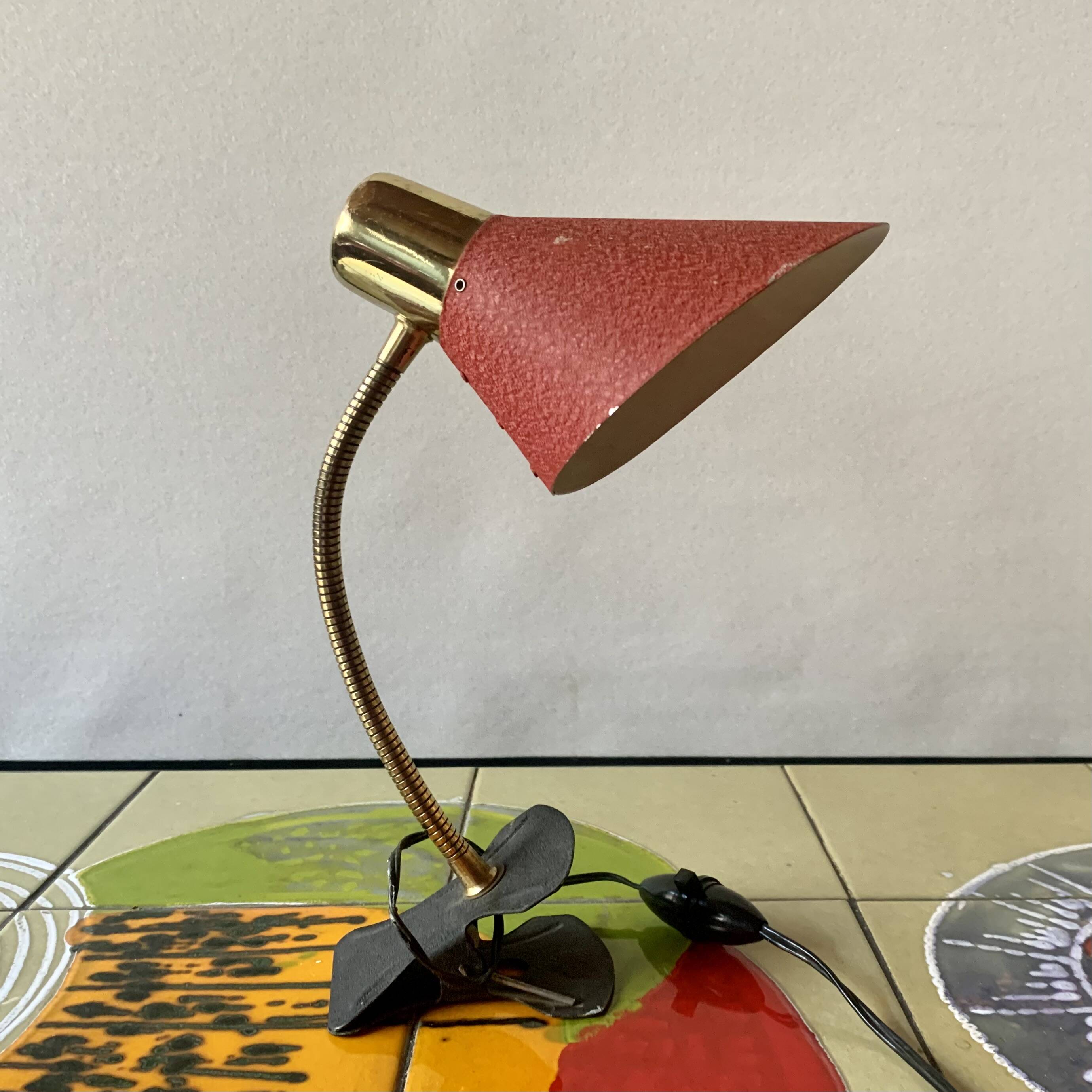 Brass and red painted metal clamp desk lamp - 1950s