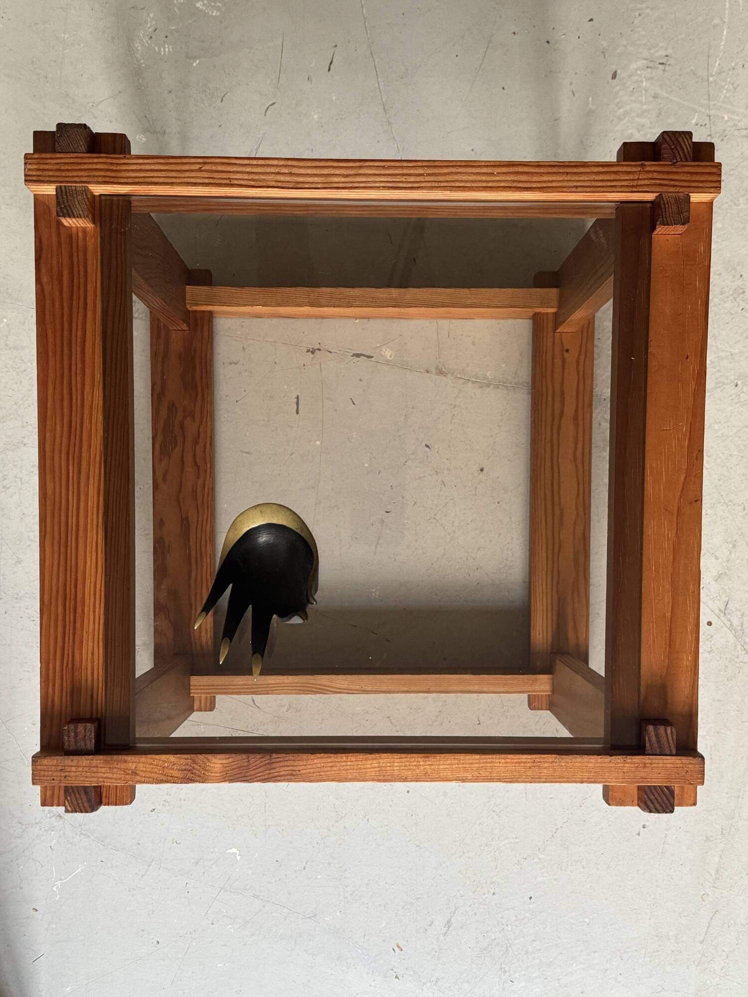 Modernist side table/nightstand in pine wood & smoked glass, 1970s design.