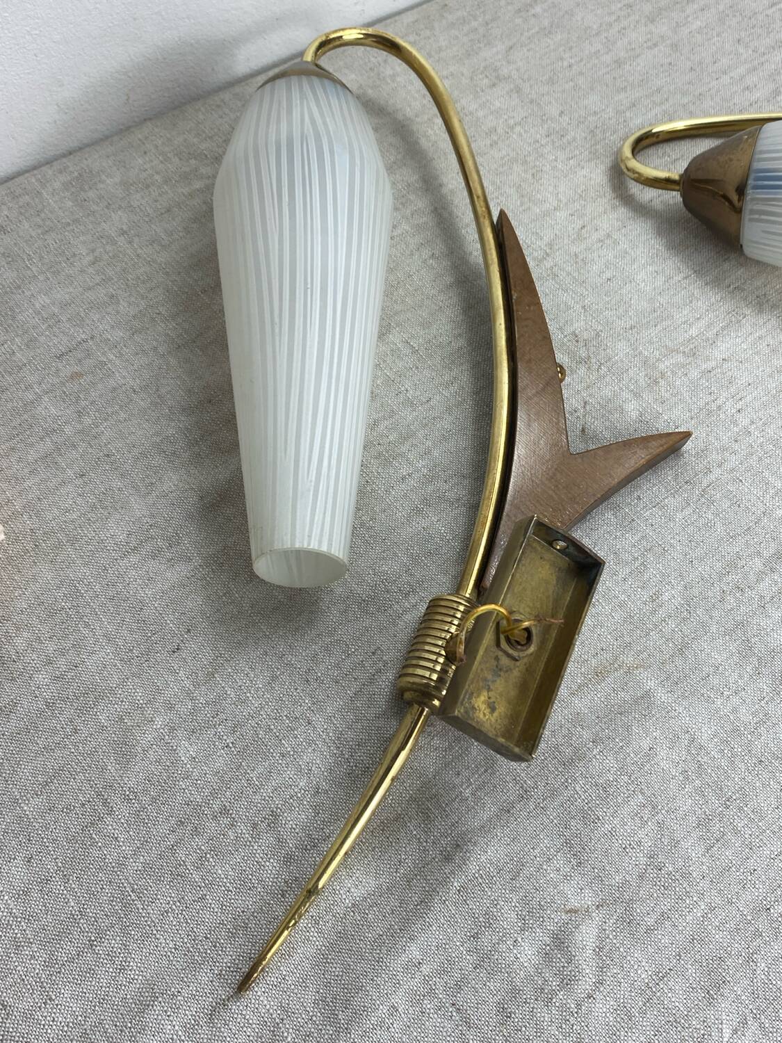 Pair of wall lights in brass, wood and opaline glass, 1950s/60s