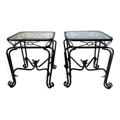 Paire de tables d’appoint vintage en fer forgé et verre – esprit Méditerran