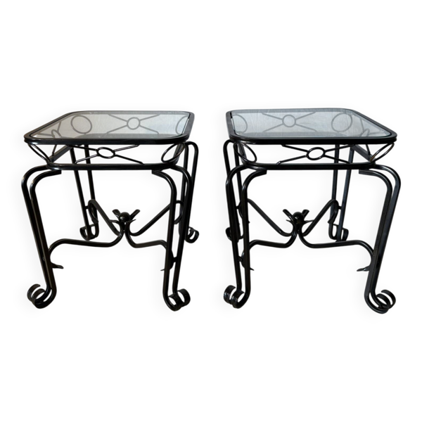 Paire de tables d’appoint vintage en fer forgé et verre – esprit Méditerran