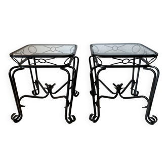 Pair of vintage wrought iron and glass side tables – Mediterranean style