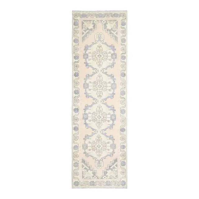 1970s vintage Turkish hand-knotted wool cotton beige runner rug 93x301