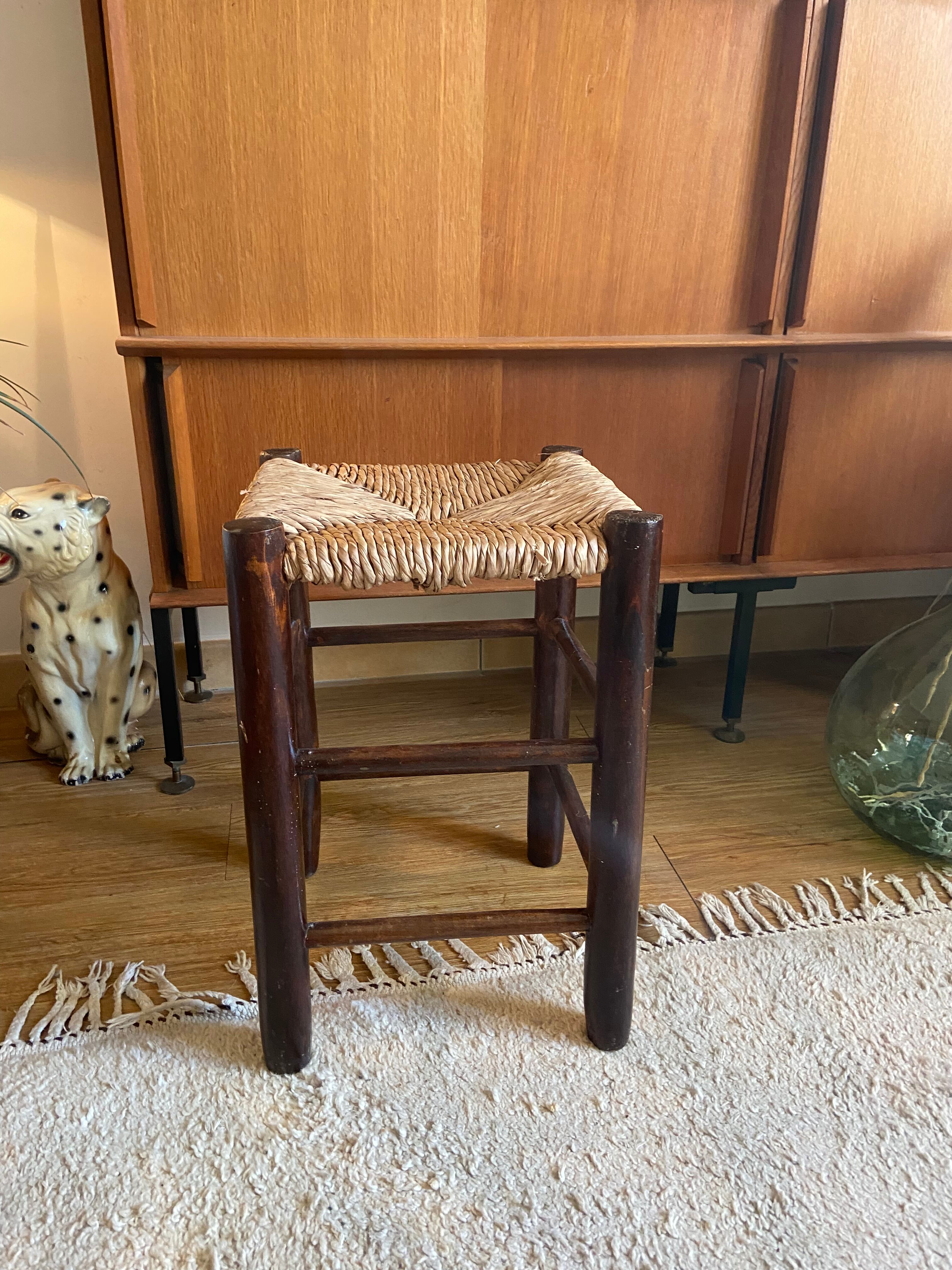Vintage wooden and straw stool