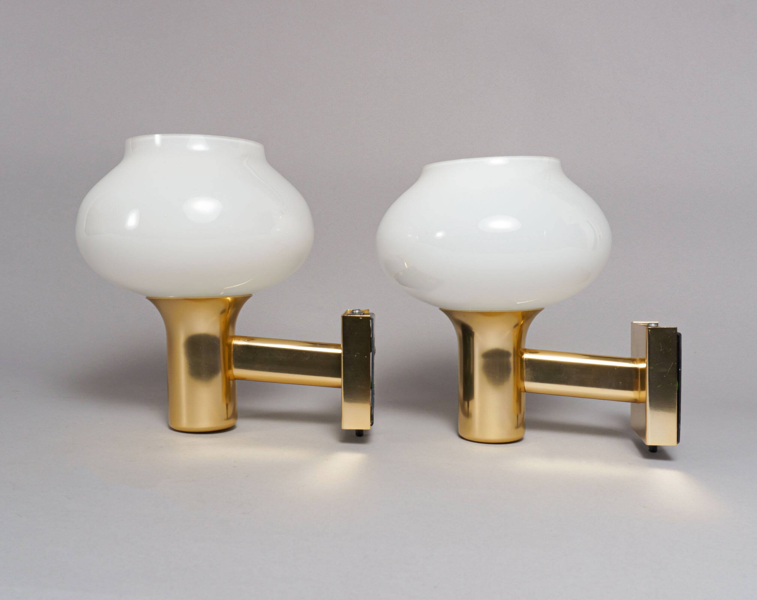 Pair of Vintage 1970s British Gold & Opaline Glass Wall Lamps / Sconces