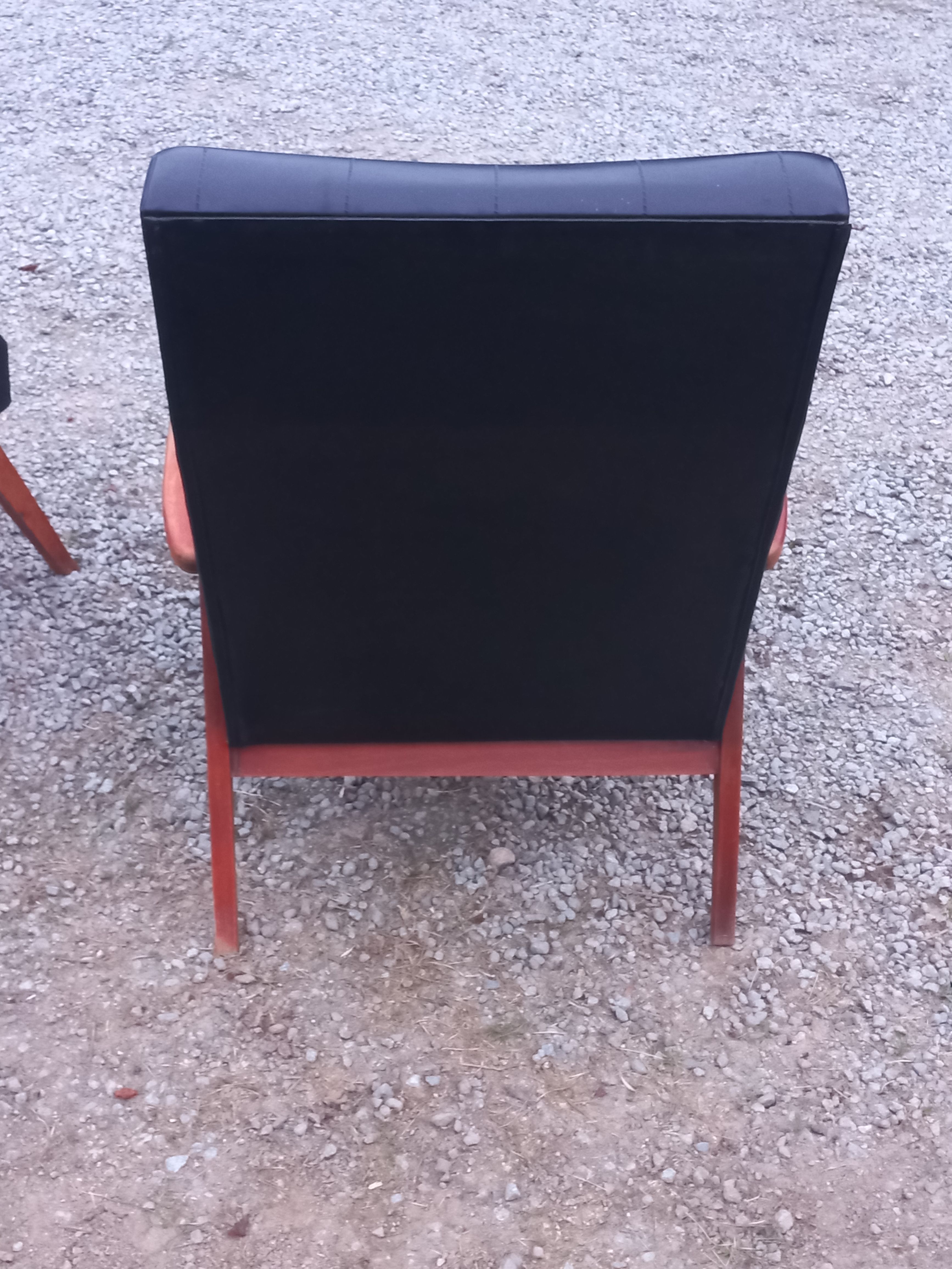 Pair of vintage beech armchairs feet compass covered with black moleskine from the 50s