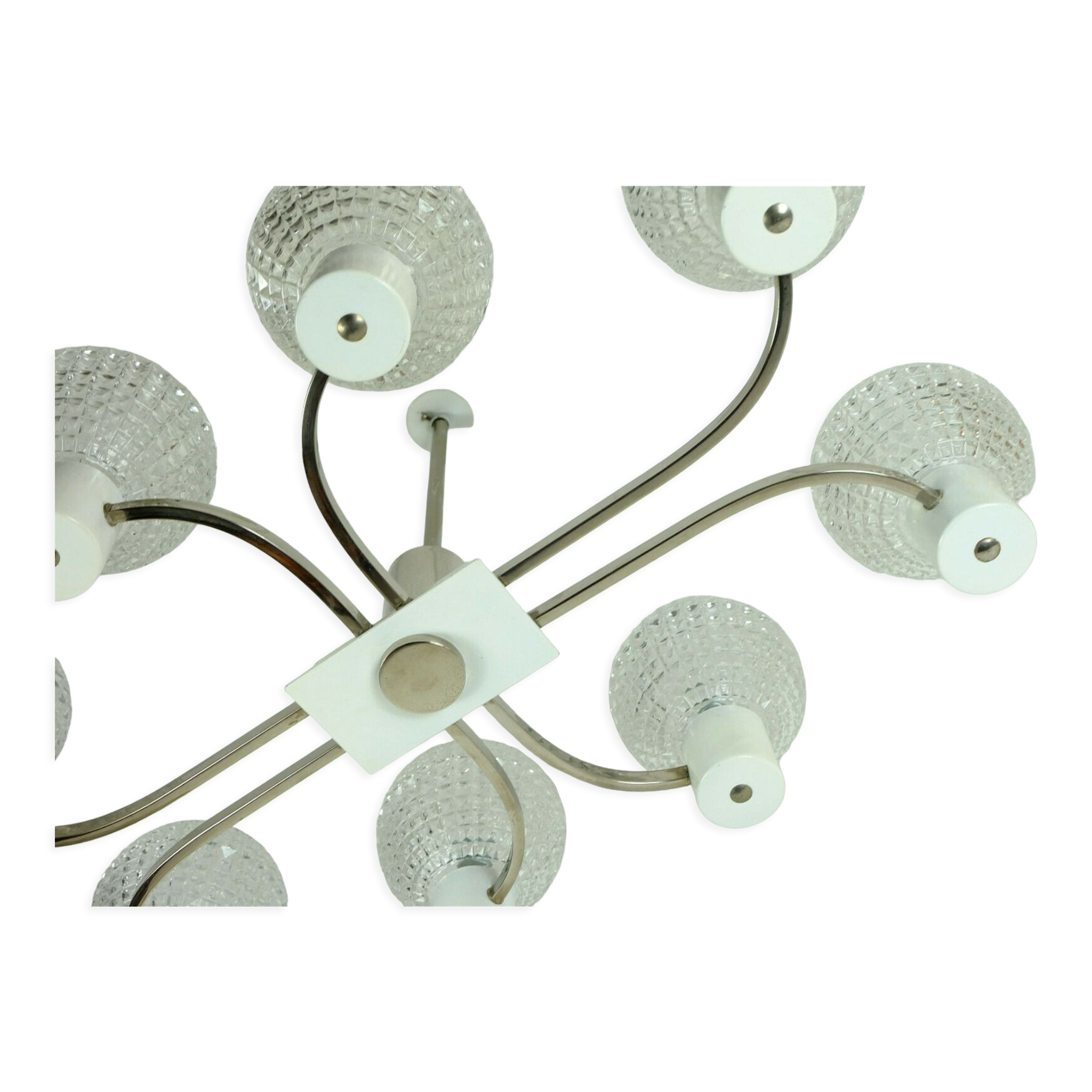 1960s mid century HANGING LAMP chrome metal chandelier with 8 glass shades