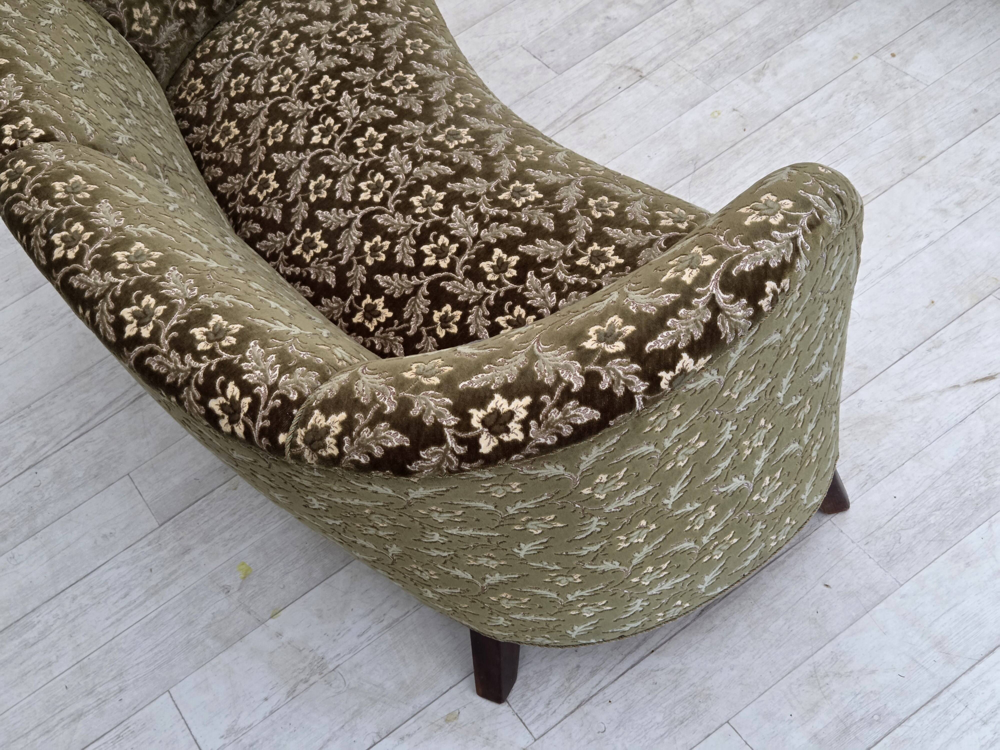 1960s, Danish curved 2-seater sofa, green furniture velour, beech wood.