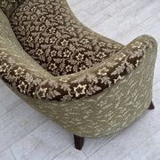 1960s, Danish curved 2-seater sofa, green furniture velour, beech wood.