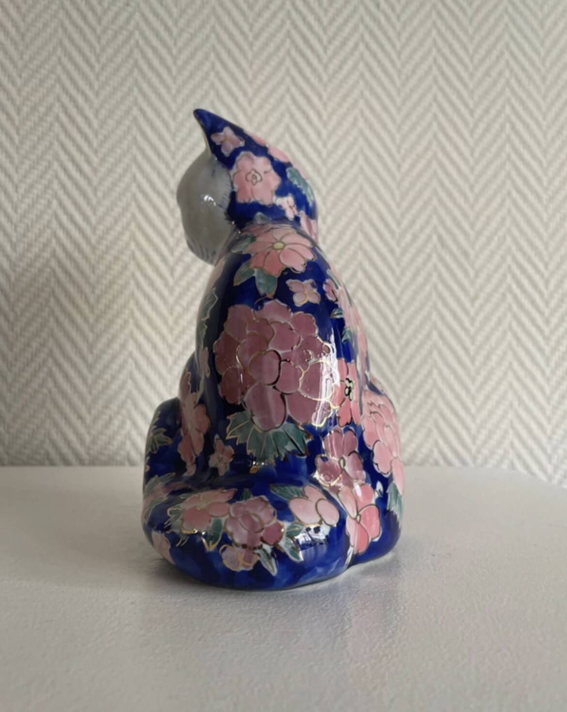 Large Vintage Chinese Blue and Pink Floral Ceramic Cat
