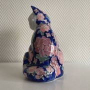 Large Vintage Chinese Blue and Pink Floral Ceramic Cat