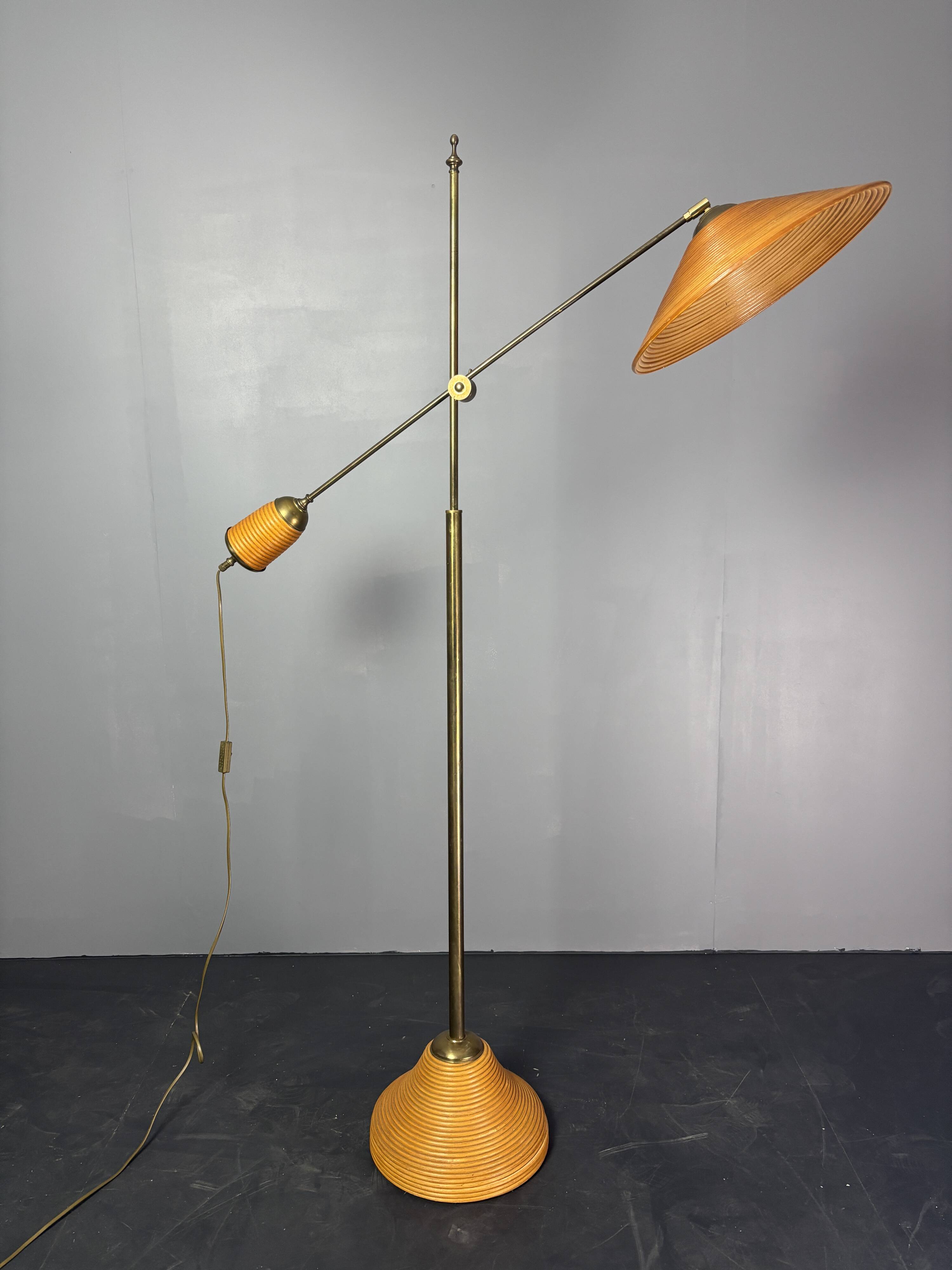 Italian Adjustable Floor Lamp in Pencil Reed Rattan Bamboo and Brass, 1970s