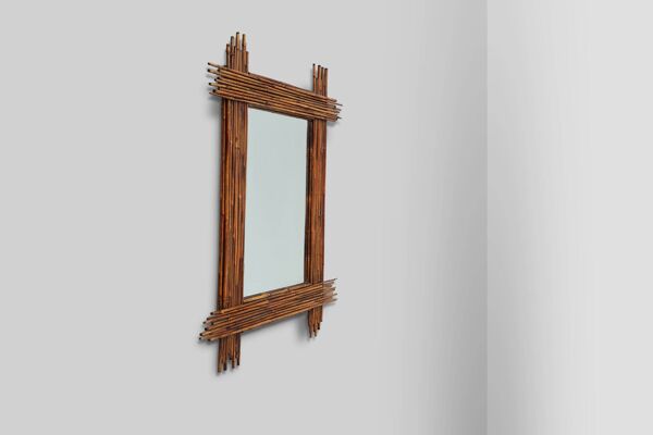 Grand miroir vintage en bambou avec miroir biseauté, France années 1960
