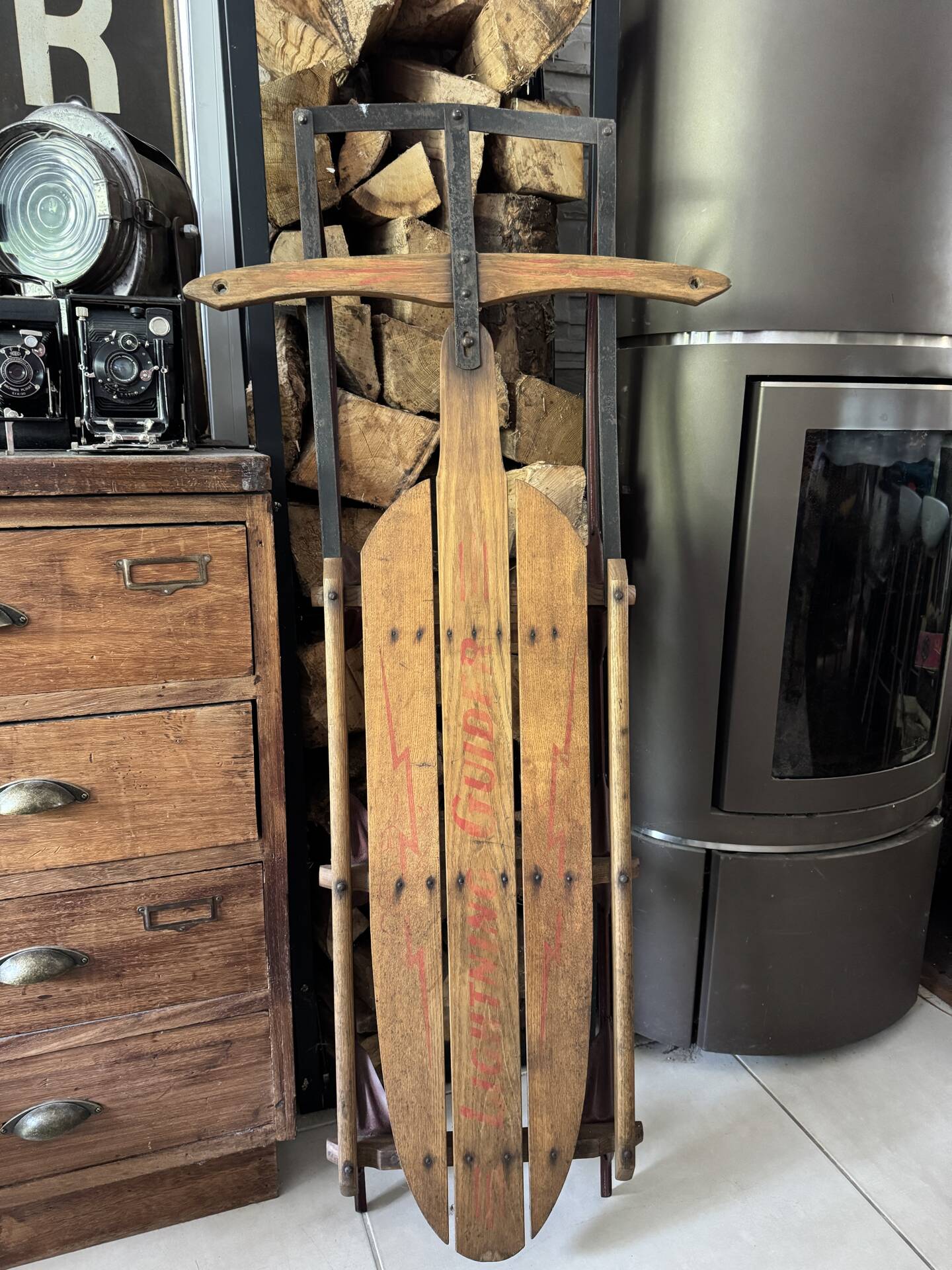 Vintage American sled in wood and metal - 1950s