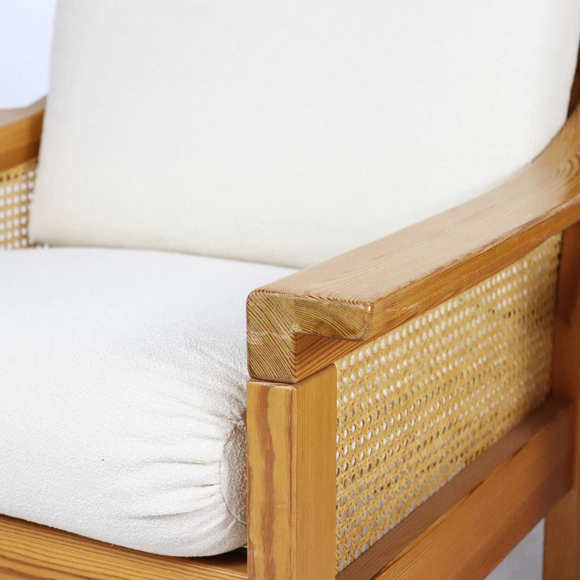 Pair of 70s cane and pine armchairs