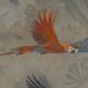 Painted canvas featuring three parrots in a tropical forest. Contemporary.
