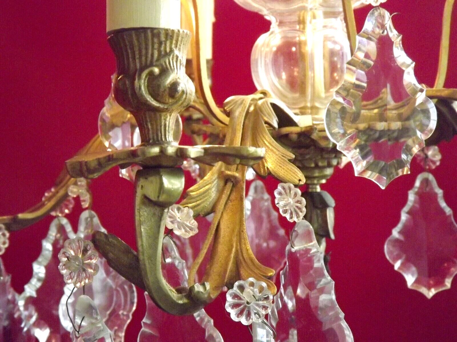 French antique 5 light brass crystal & glass acanthus leaf chandelier